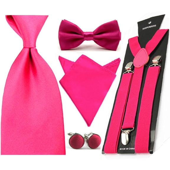 Men Solid Satin Bowtie 8cm Necktie Pocket Square Hanky Suspender Cufflinks Set