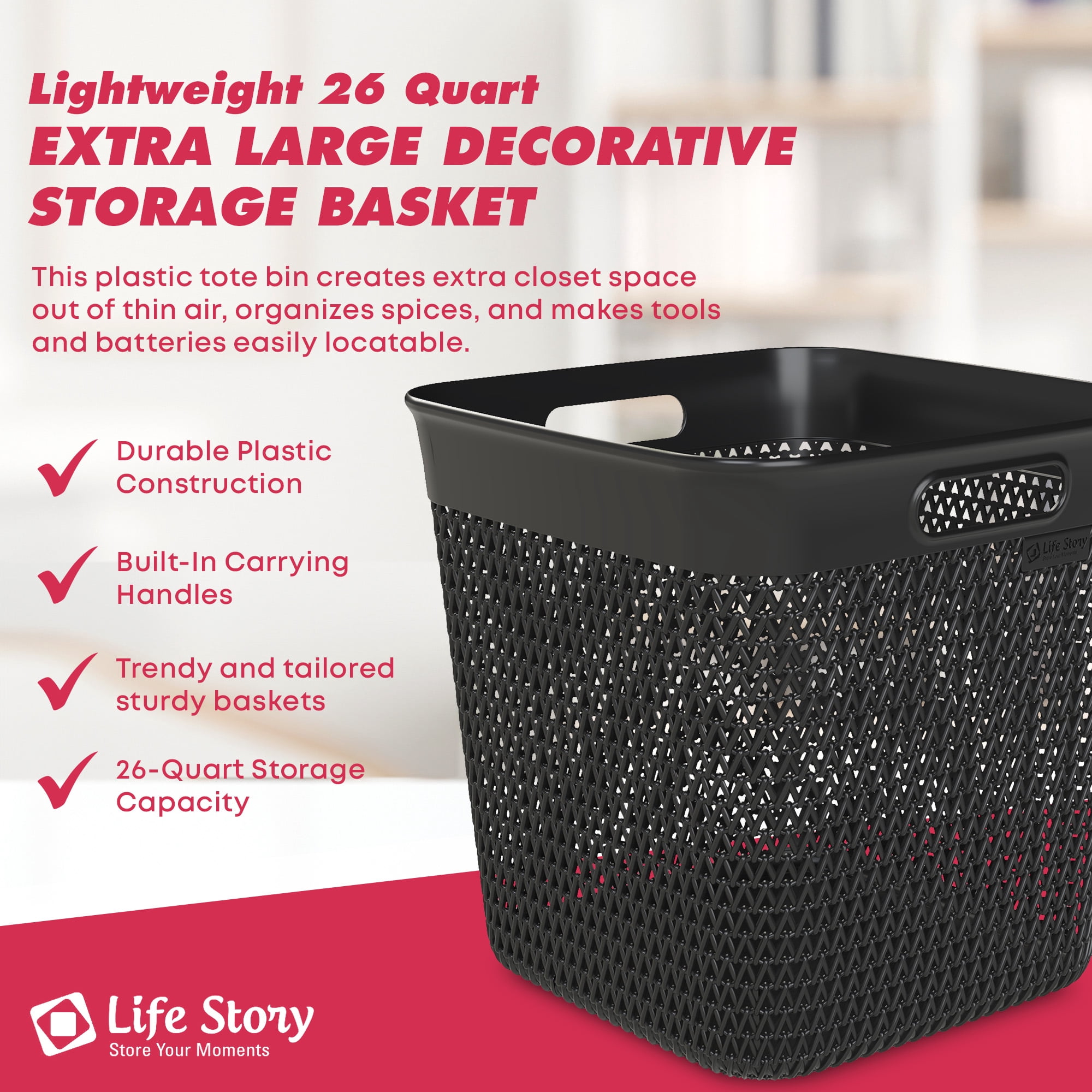 Life Story 26 Quart Decorative Storage Basket, Extra Large Plastic Home Organizer, Black