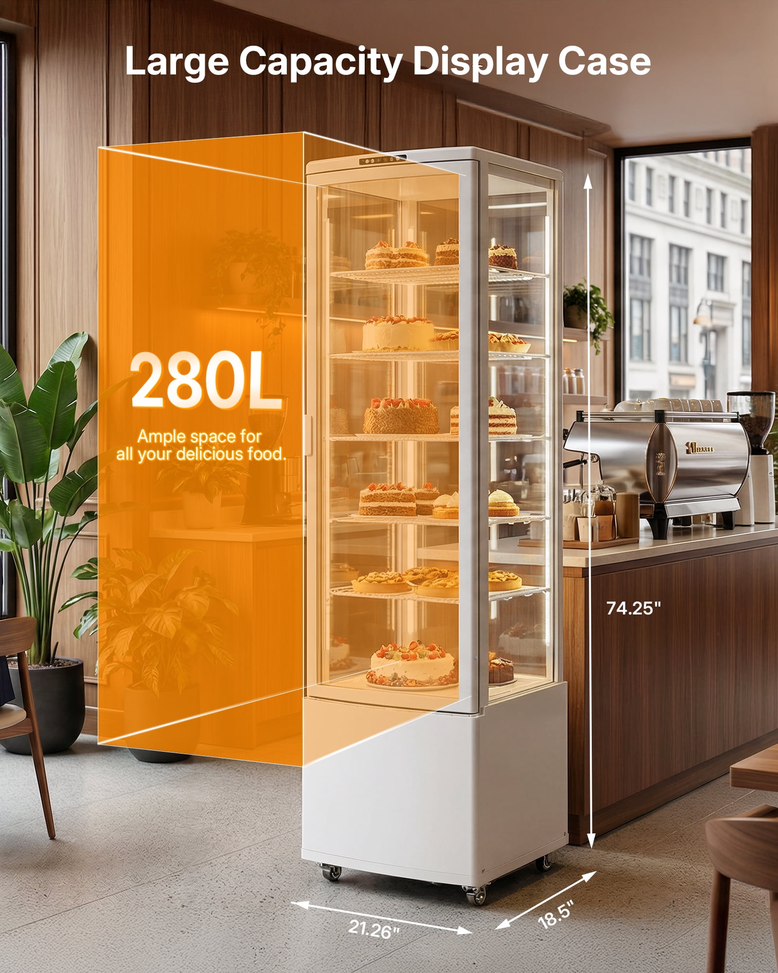 Upstreman Commercial Refrigerator Display Case, 10 Cu.Ft/280 L Pastry Display Case with Wheel and LED Lighting, 6-Tier Upright Commercial Cake Display Refrigerator Cooler, ‎CD100