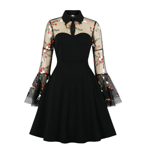 Vestido de cóctel oscilante de fiesta con bordado de mariposa sólido de malla con botones y cuello vuelto con mangas acampanadas a la moda para mujer Fridja NMB490