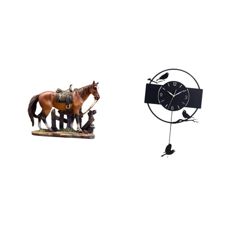 deevoka Horse Figurine Miniature Horse Figurine Sculpture Collectible Wall Clock Bird Wall Clock Hanging Clock Black Acrylic Resin Silent Lightweight Swing Pendulum Easy Installation Suitable