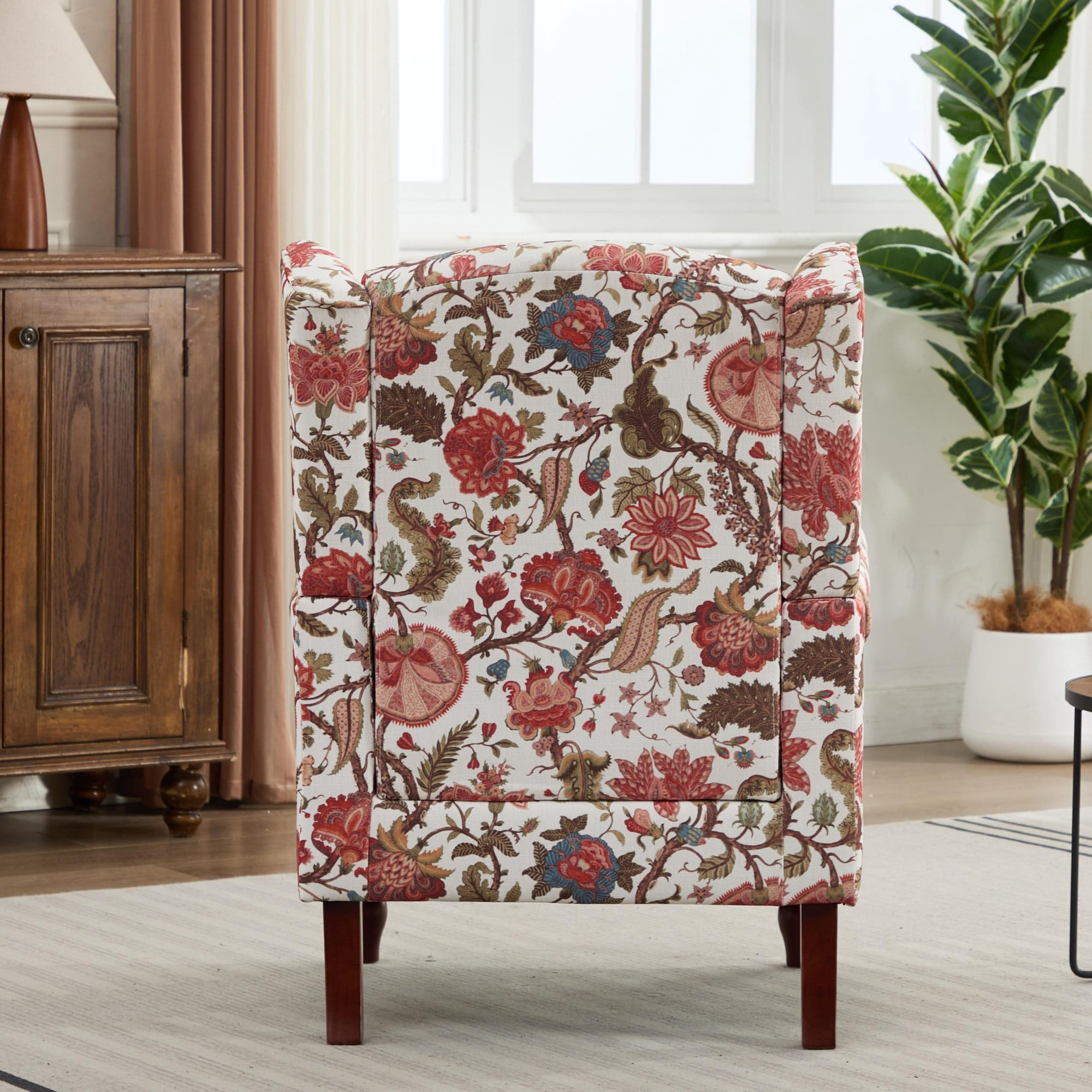 Modern Accent Chair with Wood Legs,Retro Upholstered Armchair Single Sofa Chair Reading Accent Chair for Living Room Bedroom Office,Floral Red