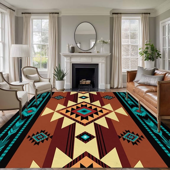 5x7 Area Rugs, Turquoise Red Non-Skid Rubber Backing Large Rectangle Rugs - Living Room Bedroom Home Office, Southwest American Native Abstract Pattern Indoor Floor Mat Carpets Washable Rug