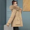 thumbnail image 3 of Women Winter Coat Thick Plush Furry Hooded Long Sleeves Pockets Drawstring Waist Zip-up Windproof Mid Length Overcoat Outdoor Outwear, 3 of 8