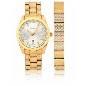 Elgin Adult Mens Analog Alloy Gold 54mm Wristwatch Bracelet Set