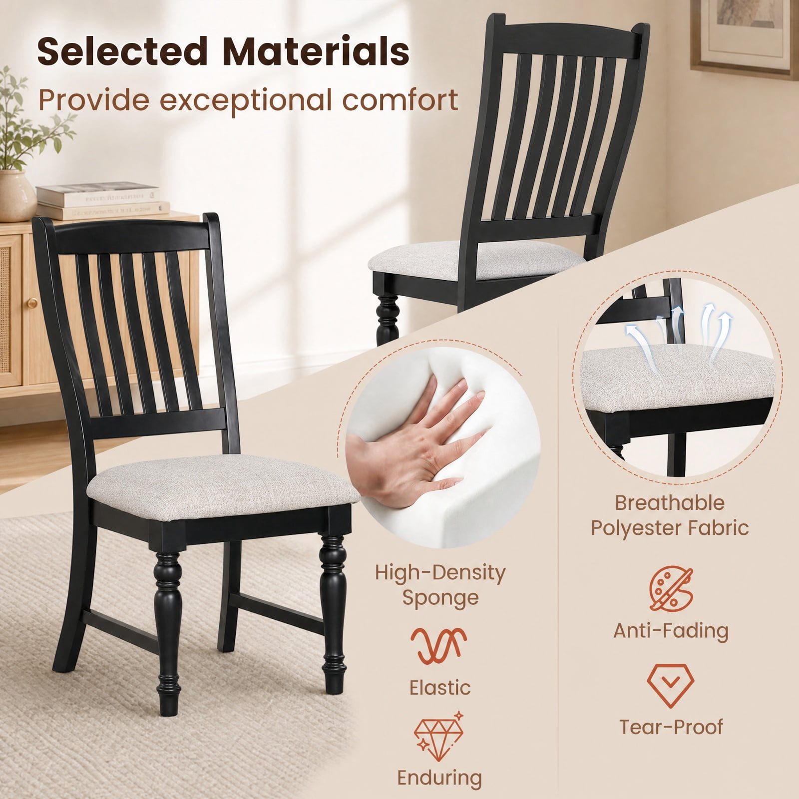 Furnibear Dining Chairs Set of 2 Upholstered Kitchen Side Chairs with Solid Wood Legs and Padded Seat for Dining Room, Black