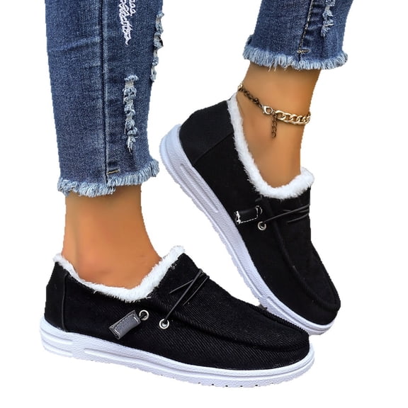 Winter Shoes Women Fleece Lined Low-Top Slip Ons Comfortable Flats Fur Lace Up Loafers Casual Canvas Sneakers