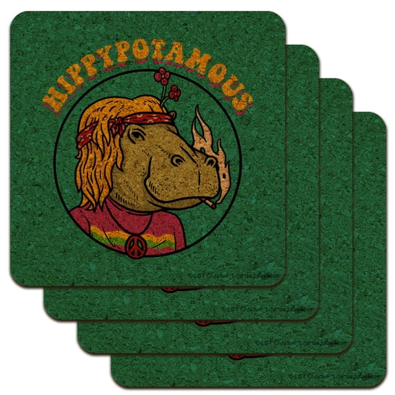 Hippypotamous Hippy Hippo Funny Humor Low Profile Novelty Cork Coaster Set