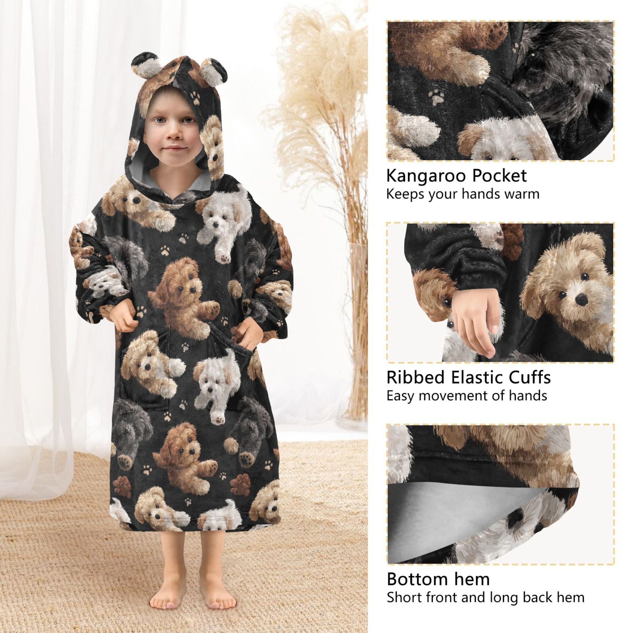 Wearable Blanket Hoodie for Kids Cute Puppies Flannel Hooded Blanket with Pockets and Sleeves Suitable for Boys and Girls