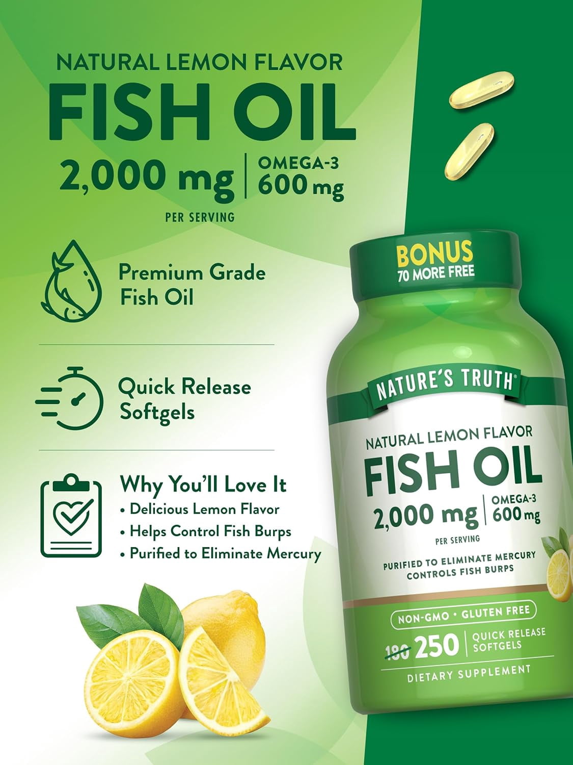Fish Oil Omega 3 | 2000mg | 250 Softgels | Burpless | Lemon Flavor | by Nature's Truth