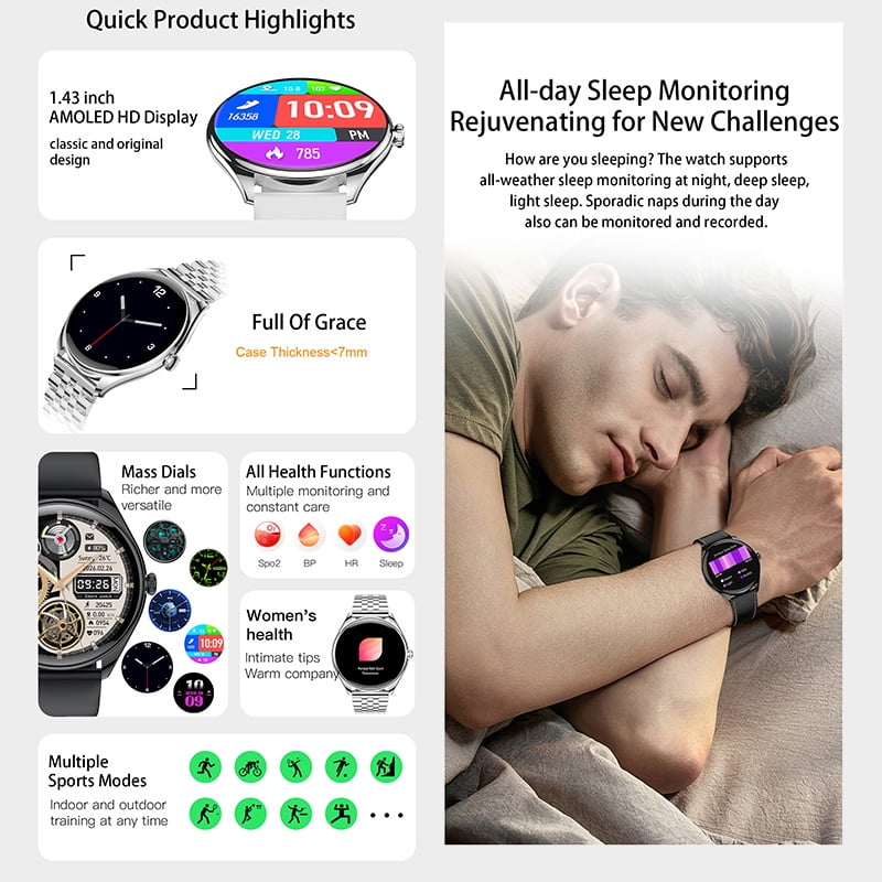 Rainbuvvy MT55 Smart Watch 1.43 inches Sports Record Health Monitoring Voice Assistant Android 5.0/iOS9.0 Sports Watch