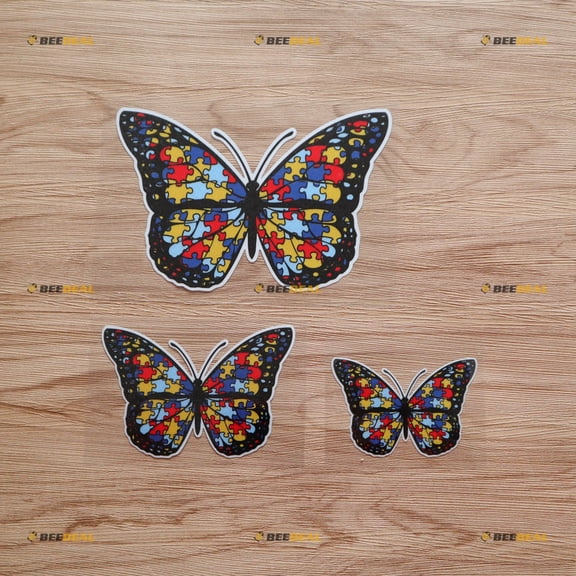 Butterfly Autism Awareness Puzzle Piece Autistic Sticker Decal Vinyl - 3 Pack Reflective, 3 Inches, 4 Inches, 6 Inches - for Car Boat Laptop Cup