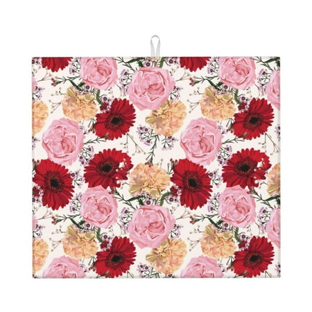 

Dish Drying Mats for Kitchen Counter Red Pink Carnations Flowers 16x18in Dish Drying Pad Coffee Mat with Hanging Loop Super absorbent Kitchen Counter Mat Coffee Bar Accessories