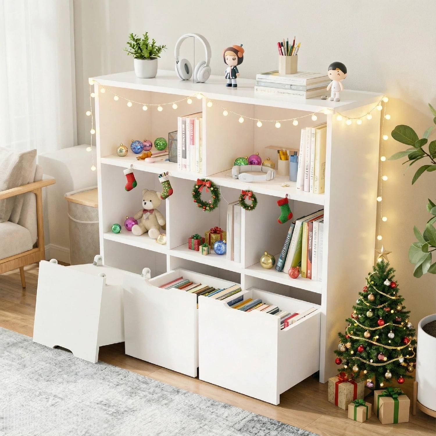 Kbun 5 Cube Toy Storage Cabinet, Kids Geometric Bookcase and Bookshelf with 3 large Drawers, Toddler Book Shelf for Kids Rooms, Playroom, Nursery, Kindergarten White