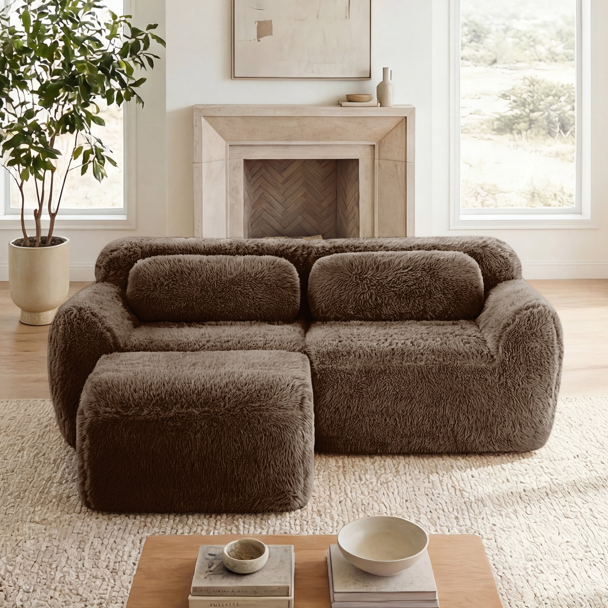 MAYEERTY 80" Chocolate L-Shaped Boneless Sofa, Plush Fabric 32D Foam Non-Slip Base No Assembly Ergonomic with Chaise & Pillows for Bedroom