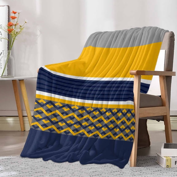 Fleece Blanket Blue Yellow Gray Line Blankets, Soft Cozy Warm Flannel Throw Blanket, Abstract Geometric Stripe Blanket for Bed Couch Sofa,30x40In