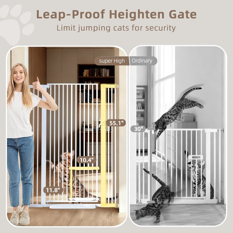 Cat Gate,Domipet 55"Extra Tall Pet Dog Gate with Cat Door, 29.5''-43''Wide Gate for Cats,Walk Through Indoor for Doorways,White