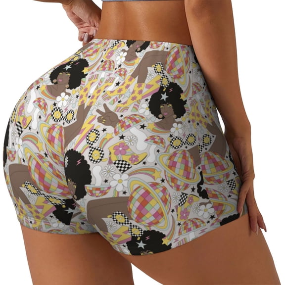 Honeii Groovy Disco Print Women's Workout Shorts, Gym Shorts for Active Wear, Sports Shorts,Women's Running Shorts,Quick Dry Athletic Shorts-Small