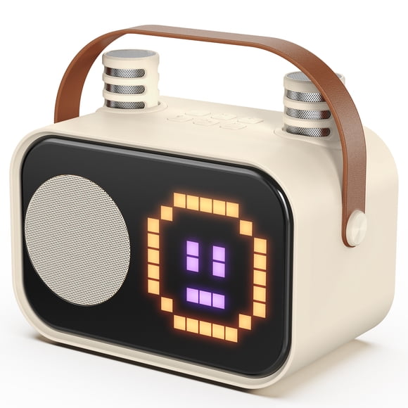 JYX Mini Karaoke Machine for Kids, 15 Animation Modes, 2 Mics, Connect with Bluetooth, Kids Toy, Birthday Gift for Girls Boys, Beige