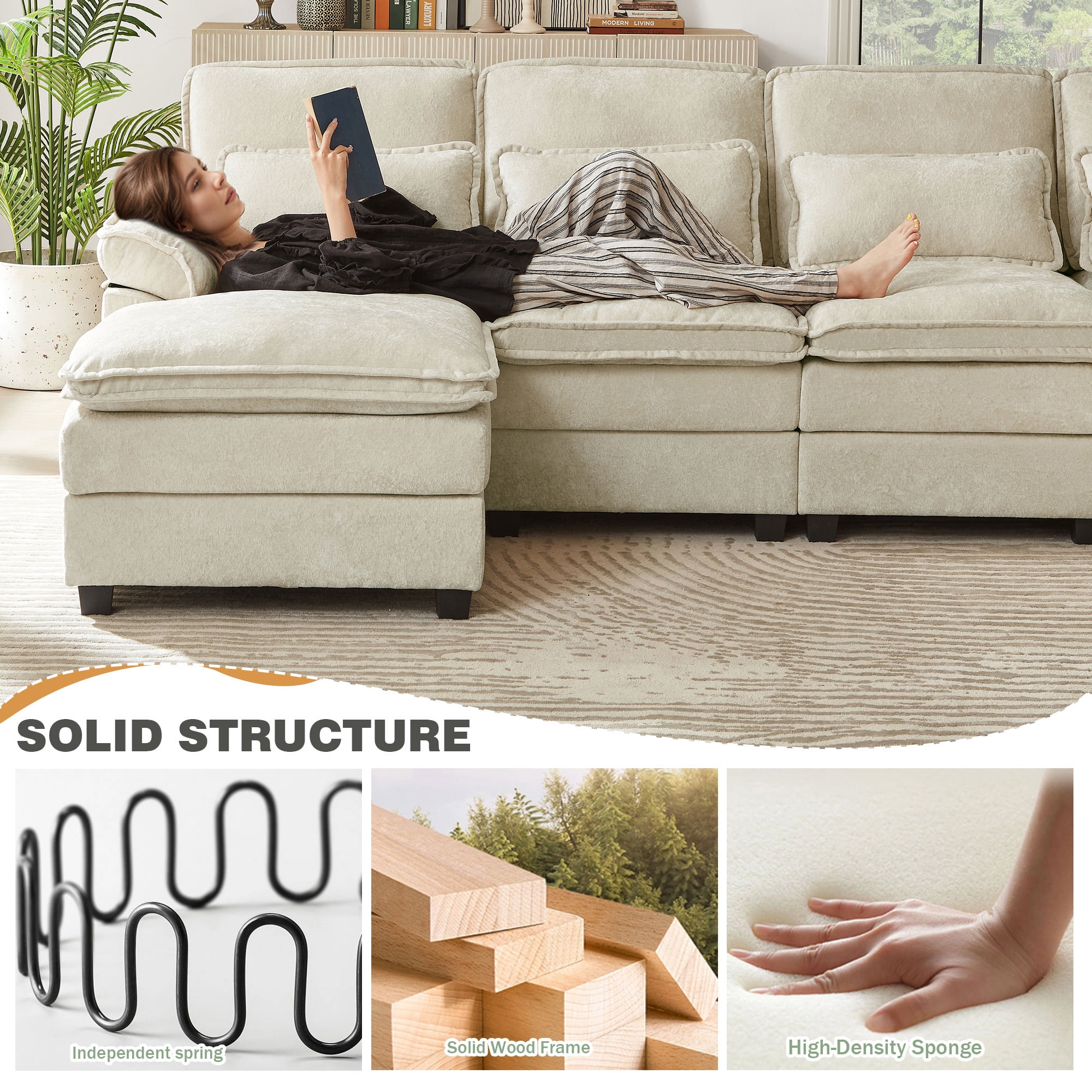 Soscana 113" Sectional Sofa Oversized U Shaped Couch with Double Chaise,Cloud Couch with 4 Waist Pillows,Modern Linen Seating Furniture for Living Room Office Studio Apartment,Beige