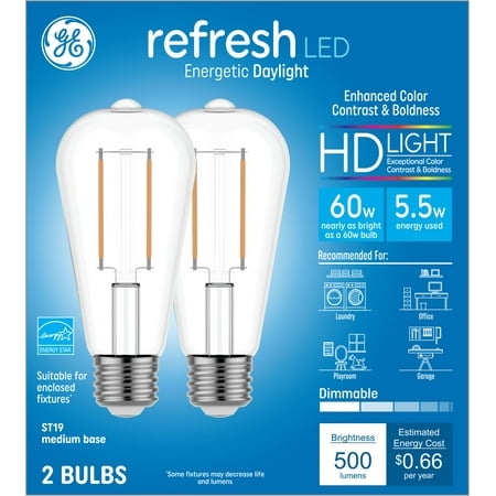 GE Refresh LED Edison Light Bulbs, ST19 Bulbs, Daylight, 60 Watt Eqv, 2pk