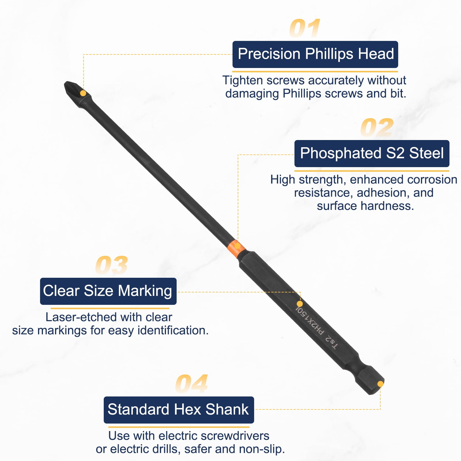 10pcs #2 Phillips Impact Screwdriver Bit PH2 1/4" Hex Shank 5" (150mm) Long Magnetic Cross Head Drill Bits S2 Steel Industrial Screw Driver for Impact Power Drivers, Black/Yellow