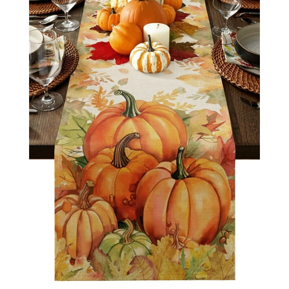 Fall Thanksgiving Table Runner Rustic Orange Pumpkin Harvest Maple Leaf Tablerunners 13 x 120 Inch, Table Decorations Tabletop Scarf for Summer Gathering Holiday Farmhouse Kitchen Dining Decor