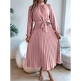 thumbnail image 5 of Women'S Long Sleeve Pleated Dress Casual Semi Formal Church Dress Mock Neck A Line Flowy Midi Dresses with Belt Pink XL, 5 of 9
