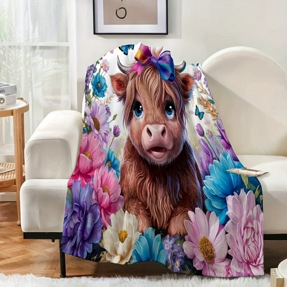 Contemporary Flannel Bed Blanket with Digital Printed Highland Cow and Floral Design, Machine Washable, AllSeason Multipurpose Animal Theme Gift Blanket for Bedroom Decor