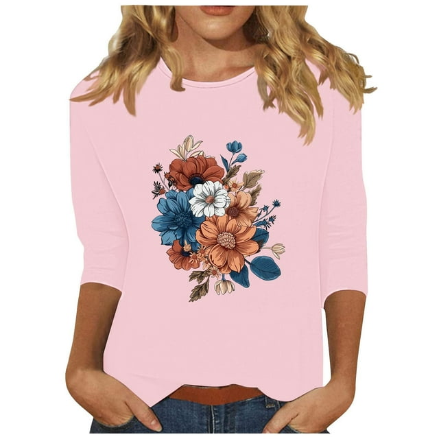 Tnhcen Chemises à Manches 3/4 pour Femmes avec Imprimé Floral d'Automne et Col Rond - Basiques Décontractés Grande Taille P-3TG