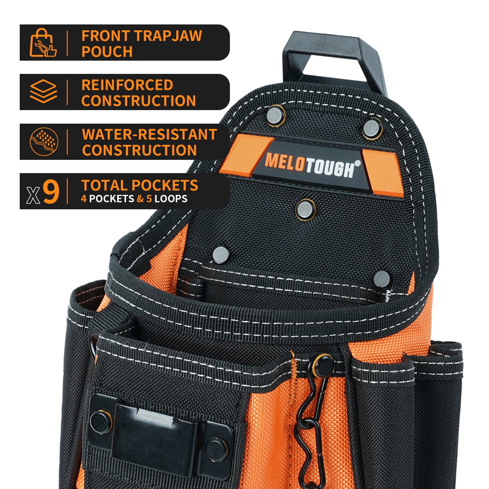 MELOTOUGH Small Electrician Tool Pouch With Belt Clip Attachment - 9 Pockets Tradesman Bag With Tape Thong - Holster for Electricians