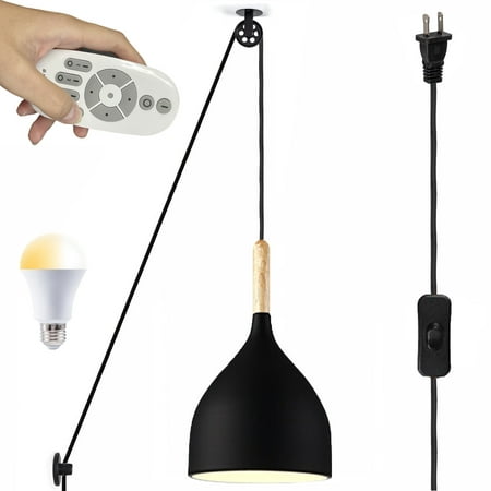 

FSLiving Swag Handing Pulley Design Pendant Lamp with 15ft Plug-in UL Cord Remote Control Dimmable & Color Changing Chandelier Macaron Black Al Shape with Wheel for Sloped Vaulted Ceiling - 1 Light