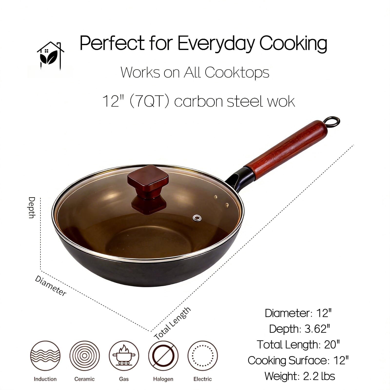 Nitrided Carbon Steel Wok  12" (30cm) Pre-seasoned - Induction Electric & Gas Stove Compatible Even Heat Base For Authentic Hei Family Stir-fry