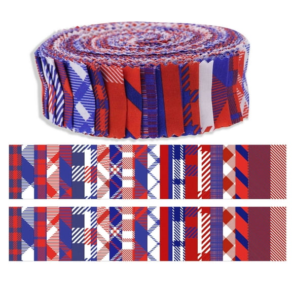 Soimoi 40Pcs Check & Tartan Print Precut Fabrics Strips Roll Up 1.5x42inches Cotton Jelly Rolls For Quilting - Red, Blue & White