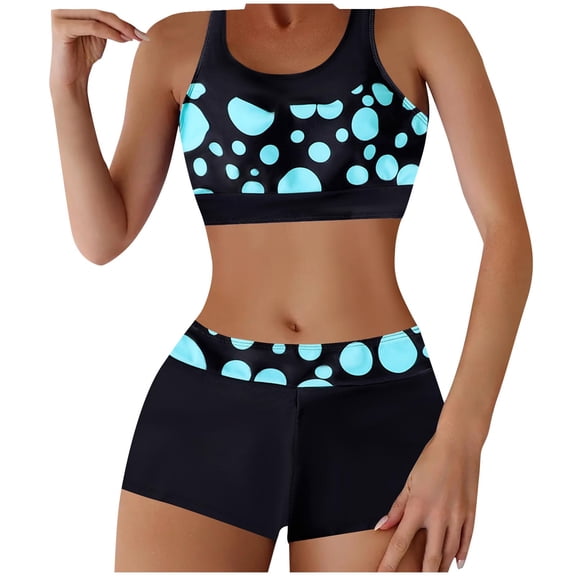 Yuanlook Women's Print High Cut Bikini Sets Two Piece Comfort Soft Swimsuits with Shorts Bottoms for Summer Beach Vacations,Black,L