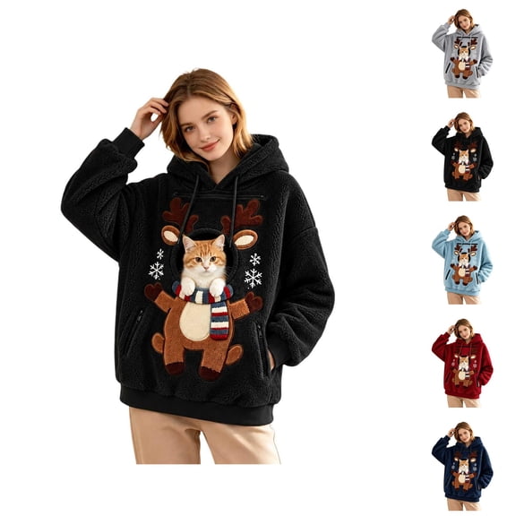 Christmas Pet Pouch Hoodie for Women Long Sleeve Reindeer Graphic Loose Flannel Pullover Sweatshirt Dog Cat Carrier Hoodie