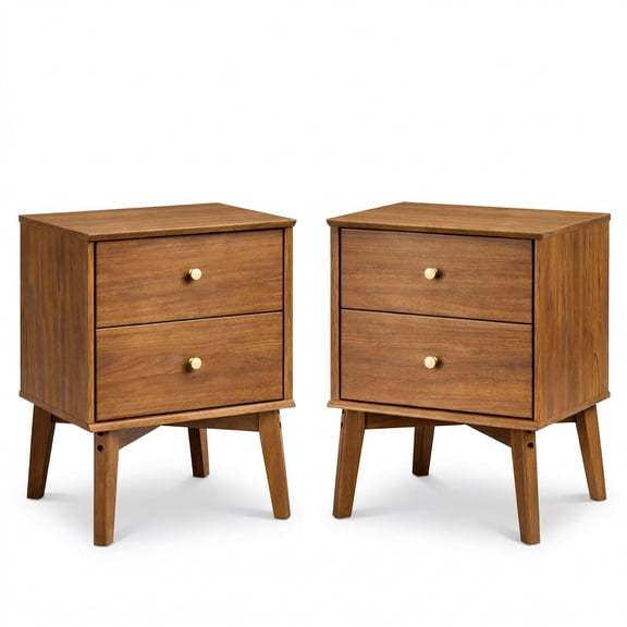 26" Tall Mid-Century Modern Wood Nightstands Set of 2, 18" Wide Bedside Tables with 2 Drawers, Farmhouse Solid Wood Legs End Tables for Bedroom - Warm Acorn