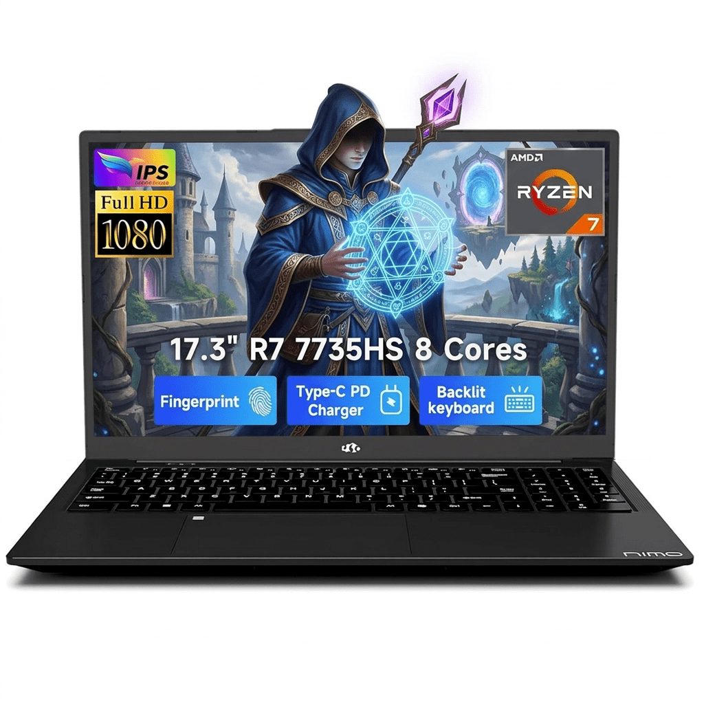 17.3" FHD Gaming Laptop 32GB DDR5 RAM 2TB SSD AMD Ryzen 7 7735HS (Beats i7-12650H, 8 Cores) with Radeon 680M-100W Type-C Wi-Fi 6E Backlit Keyboard Fingerprint Black