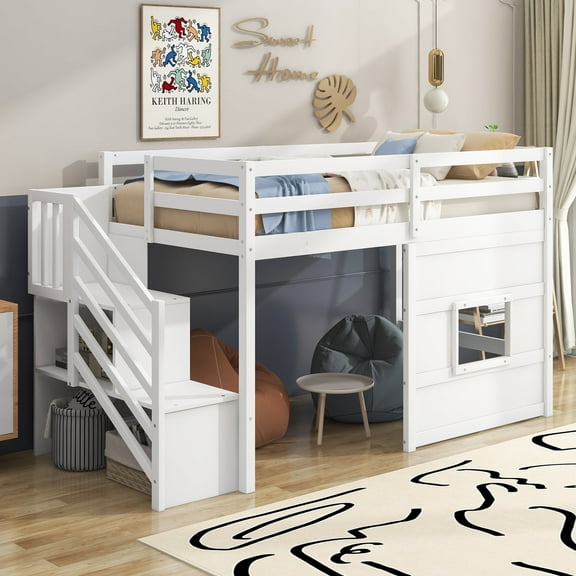 DreamBuck Twin Size Low Loft Bed with Storage Staircase and Window, Wood Bed Frame with Full-Length Guardrails, Ideal for Teens, Boys, Girls, No Box Spring Needed, White