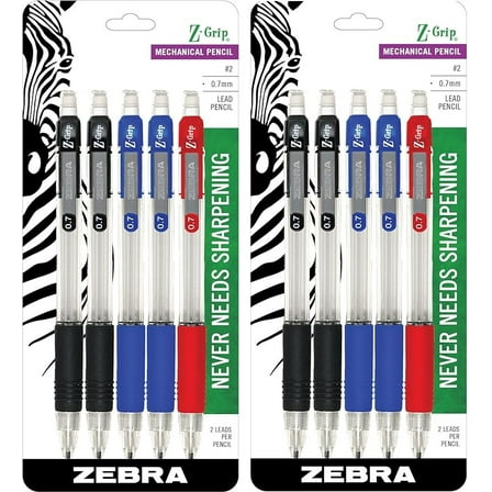 Zebra Pen Z-Grip Mechanical Pencil, 0.7mm Point Size, HB #2 Graphite, Assorted Grip Colors, 5-Count, Pack of 2