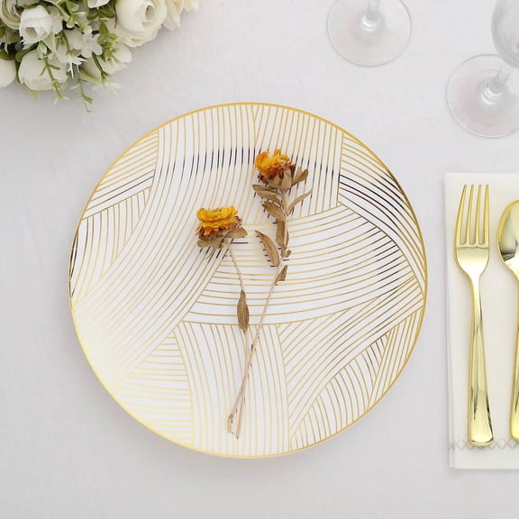 Balsa Circle 10 Round 10 in White Gold Strokes Disposable Salad Dinner Plastic Plates Party Events Decorations