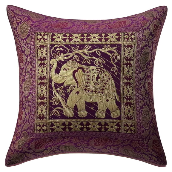 Stylo Culture Ethnic Sofa Throw Pillow Cover 16x16 Jacquard Purple Square 40 x 40 cm Home Decor Accent Pillowcase Brocade Elephant Floral Zippered Cushion Cover | 1 Pc