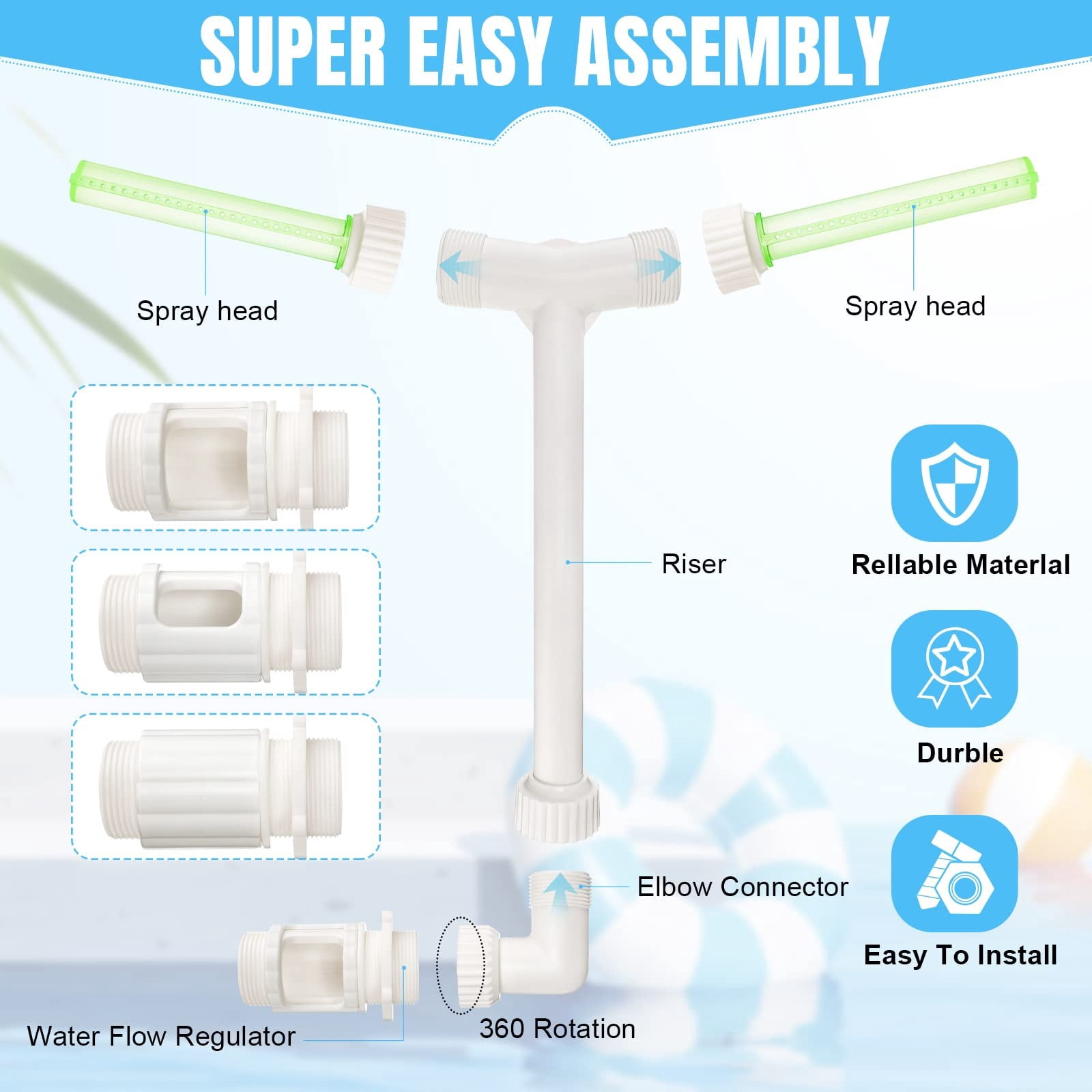 Glow in The Dark Double Head Pool Fountain with Adapter, Adjustable Waterfall Sprinkler for Above Ground Inground Pool, Water Cooler for Pool Spa Summer Fun