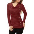 thumbnail image 1 of Women's Cowl Neck Long Sleeves Buttons Decor Ruched Top, 1 of 6