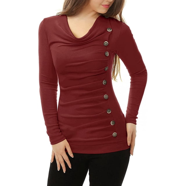 Women's Cowl Neck Long Sleeves Buttons Decor Ruched Top