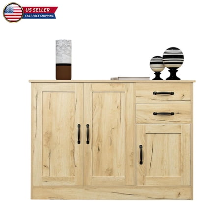 Hassch 43.3 Storage Floor Cabinet with 3 Doors Modern Wood Coffee Bar Buffet Cupboard w/ Movable Shelf & 2 Drawers for Kitchen Dining Room Bedroom or Hallway Oak Finish