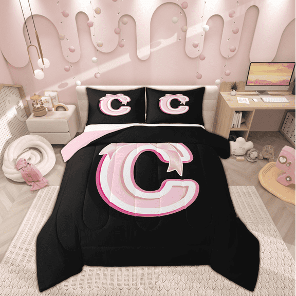 Feelyou Initial Letter C Bedding Sets Full with Comforter, Black Pink Duvet Insert, Kawaii Bow-tie Reversible Down Comforter, Lightweight Room Decorative, 3pcs
