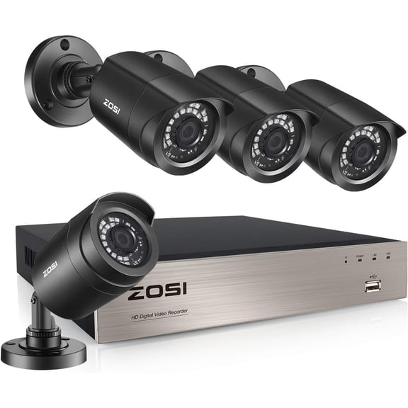 Restored ZOSI Home Security Cameras System 8CH 1080p h.265+ CCTV DVR Recorder with 4X 1080p HD Indoor Outdoor Weatherproof 65ft Night Vision CCTV Cameras NO Hard Drive (Refurbished)