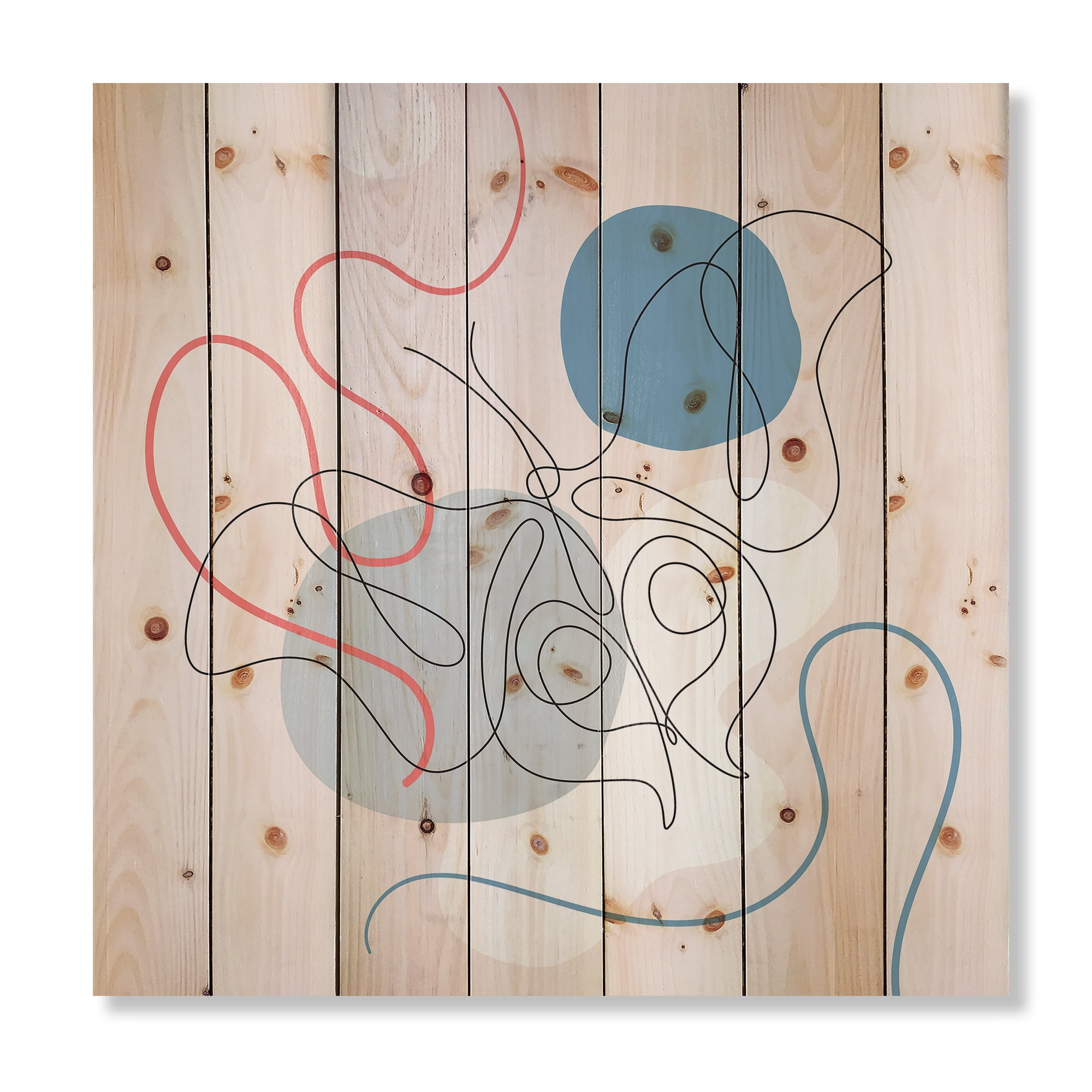 Designart 'Butterfly With One Line Drawing On Cubism Shapes II' Modern Print on Natural Pine Wood