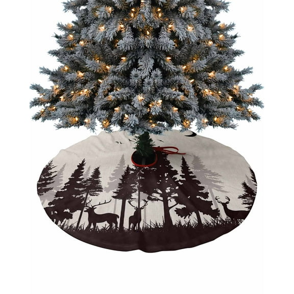 Black Forest Christmas Tree Skirt 36 Inches Large Christmas Skirt Tree, Pastoral Deer Animals Silhouette Rustic Tree Skirt Christmas Decorations for Fireplace Party Holidays Indoor Outdoor